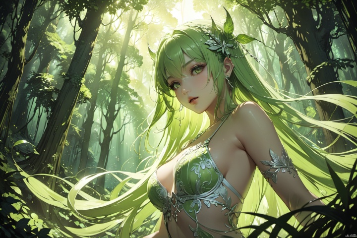  ultra-detailed,(best quality),((masterpiece)),(highres),original,extremely detailed 8K wallpaper,(an extremely delicate and beautiful),anime,detail face and eyes, perfect hands,  (close up , solo),   Lime theme, 

An anime illustration of a succubus with flowing long hair, set in a forest with cinematic lighting effects that create striking contrasts between light and shadow.