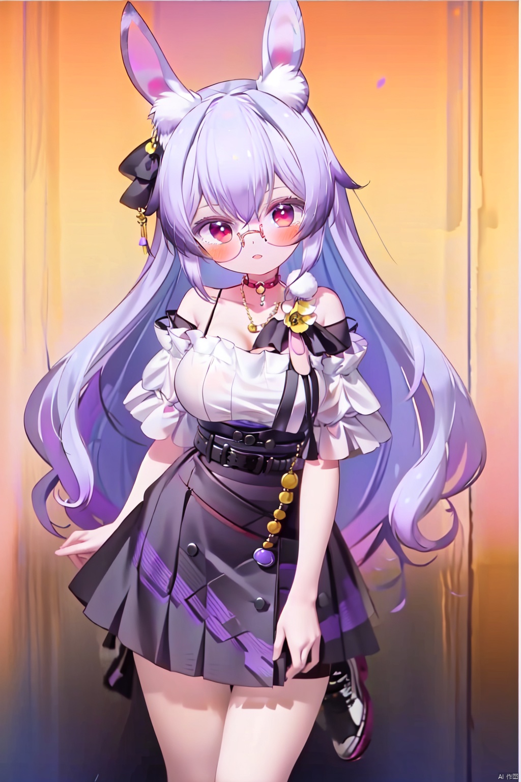  (Girlish body type), (masterpiece, best quality:1.2), solo, 1girl, lookingatviewer,shoushou,兰音reine,1girl, solo, long hair, breasts, looking at viewer, blush, bangs, skirt, shirt, hair ornament, bow, animal ears, hair between eyes, bare shoulders, very long hair, collarbone, white shirt, purple hair, short sleeves, multicolored hair, belt, virtual youtuber, black skirt, rabbit ears, animal ear fluff, gradient hair, white footwear, high-waist skirt, rabbit girl, arms at sides, off-shoulder shirt,(Red eyes: 0.3, yellow glasses: 0.3, purple glasses: 0.3, upper and lower layers),{{{huge breasts}}}