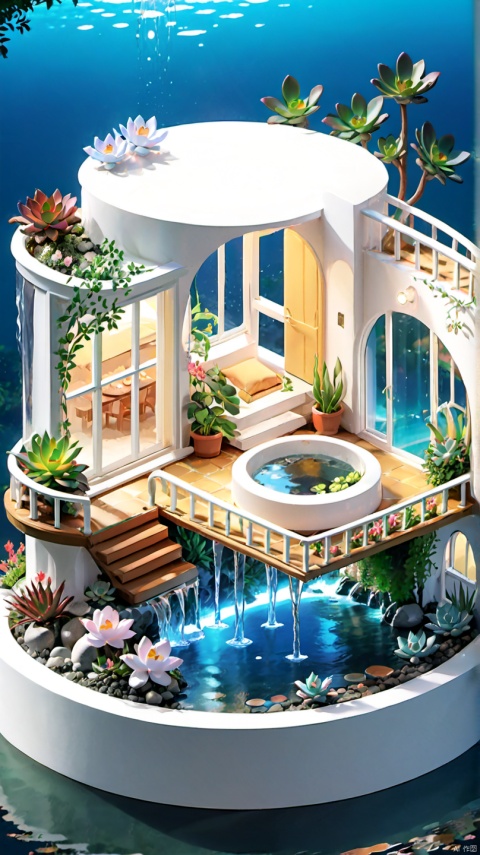 （Best quality,masterpiece.）A white circular small house with windows lit, succulent plants, flowers, waterfalls, streams, ponds, sparkling water waves, fences, no one, no human, Sunny,sea background