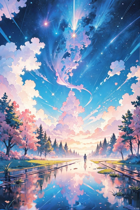  Masterpiece,anime train passing through bodies of water on tracks,purple and pink starry sky,brilliant starry sky. Romantic train,Makoto Shinkai's picture,pixiv,concept art,lofi art style,reflection. by Makoto Shinkai,lofi art,Beautiful anime scene,Anime landscape,detailed scenery ,in style of Makoto shinkai,style of Makoto shinkai,enhanced details
