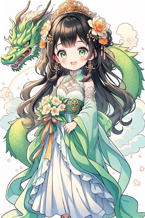  1girl, solo, long hair, looking at viewer, blush, smile, open mouth, bangs, hair ornament, dress, holding, bare shoulders, very long hair, green eyes, standing, flower, :d, small breasts, green hair, sleeveless, indoors, hair flower, white dress, bare arms, sleeveless dress, plant, white flower, bouquet, holding flower, holding bouquet, eastern dragon