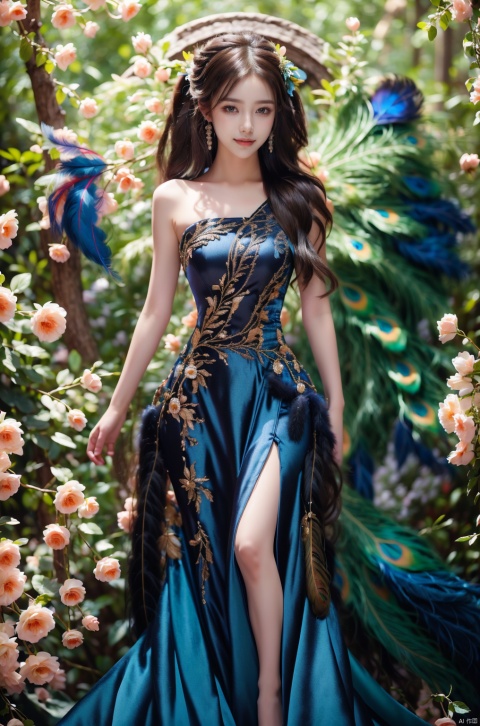  ((Good anatomical structure)), HDR, UHD, 8K, A real person, Highly detailed, best quality, masterpiece, 1girl, realistic, Highly detailed, (EOS R8, 50mm, F1.2, 8K,
Peacock, 1 girl, solo, dress, feather dress, hair accessories, bare shoulders, dress, hair bun, flowers, long_hair,Long hair fluttering,kind smile,pose for picture,looking_at_viewer,full_body,tifa, fangao