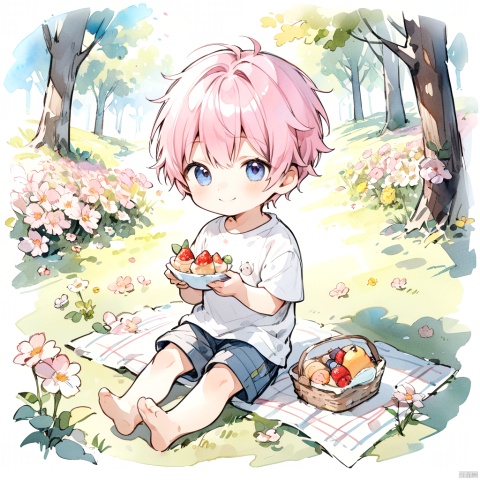  A very lovely little boy,cute kawaii boy,chibi,(The boy wears a white t-shirt,) Pink hair,  A pink bow, smile,watercolor, simple drawing, sketch, sweet,go picnicking in the wood, multiple colors of flowers, spring, food,