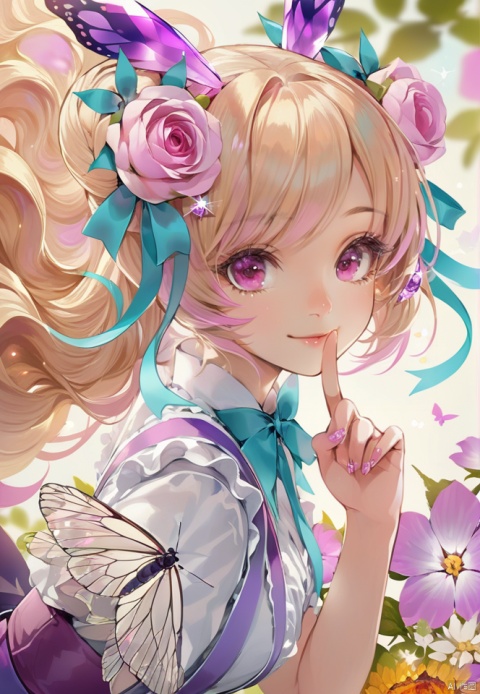  (best quality), ((masterpiece)), (highres), illustration, original, extremely detailed,1girl, flower, solo, bug, hair flower, hair ornament, butterfly, looking at viewer, finger to mouth, long hair, smile, nail polish, bangs, ribbon, short sleeves, upper body, closed mouth, shirt, pink nails, purple flower, hair bun, pink flower, eyelashes, purple skirt, white shirt, from side, blue ribbon, fingernails, blonde hair, hair ribbon, skirt, pink eyes, sparkle, purple ribbon, blurry, floating hair, index finger raised, purple nails, artist name, hand up, frills, rose, white flower