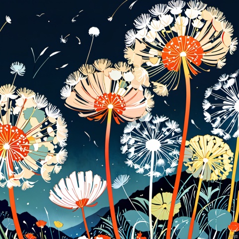  Ukiyoe_style,flat_style,simple_colors,masterpiece,{{{best_quality}}},{{ultra-detailed}},{illustration},an_extremely_delicate_and_beautiful}},close_to_viewer,Gorgeous and rich graphics,dandelion, no humans