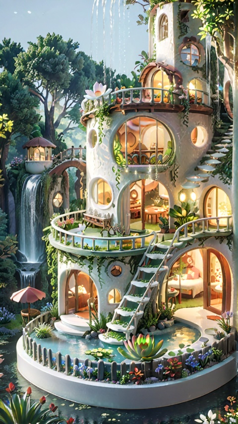  （Best quality,masterpiece.）A white circular small house with windows lit, succulent plants, flowers, waterfalls, streams, ponds, sparkling water waves, fences, no one, no human, Sunny, forest background, high-definition, QMSJ