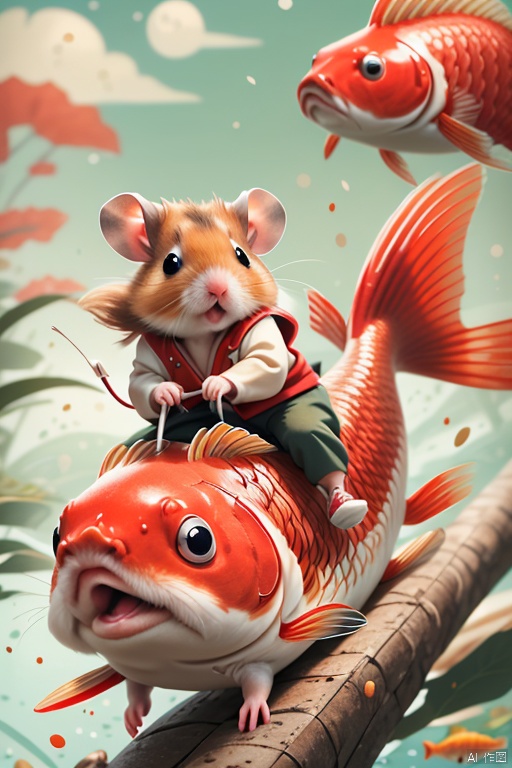  Hamster,anthropomorphic hamster riding fish,red fish,chinese clothing,masterpiece,bestquality,ultra-detailed,riding, Hamster