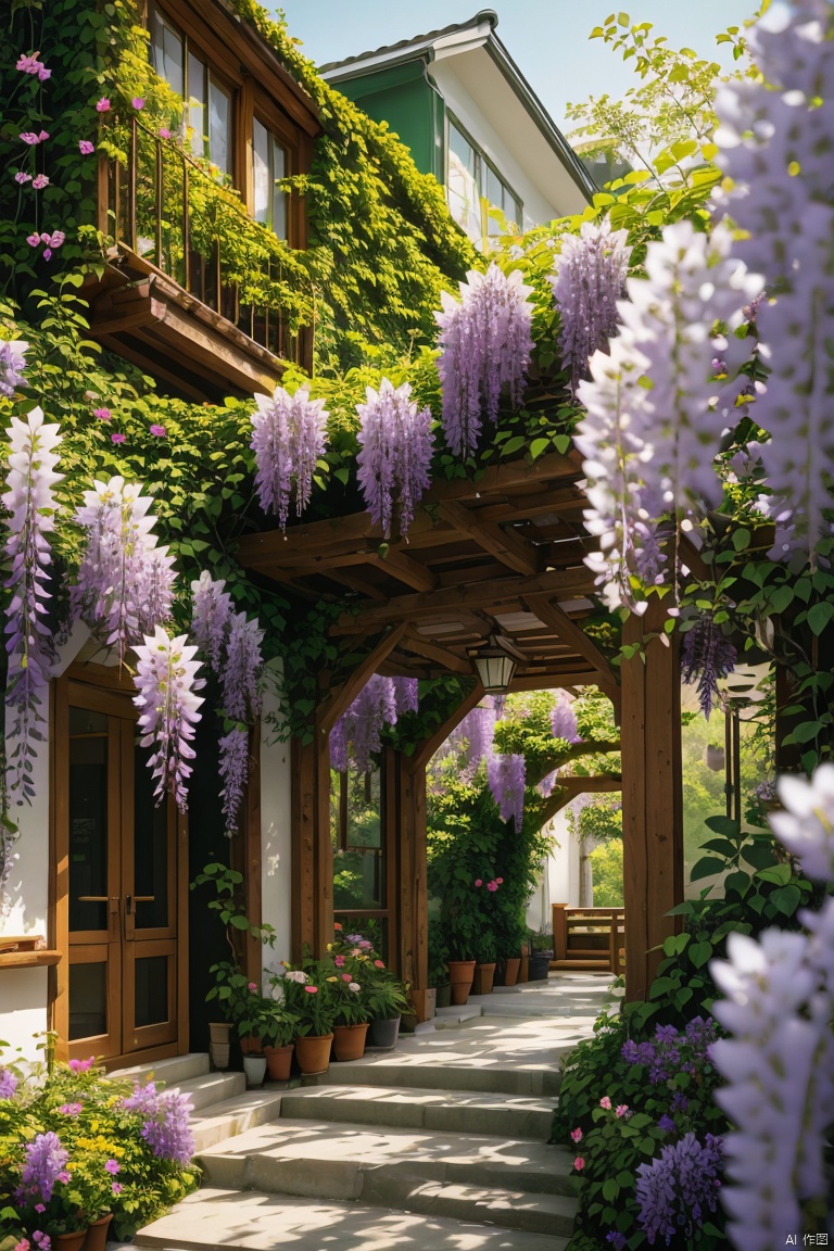 Wisteria sinensis drapes its delicate purple flowers across the modern green building's exterior, creating a stunning juxtaposition of natural beauty and urban architecture. The vine wraps around columns and railings, with morning sunlight casting a warm glow on the lush foliage.,vine