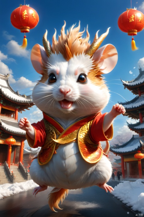 new year,(Hamster) and dragon_tail,full_body,fire,3d, cute,best quality,official art,8k wallpaper,highly detailed,rich detailed,xinnian\(guochao\),Spring Festival,modern city street,fireworks,sky,snow,Spring Festival, modern city streets, fireworks, sky, cars, dragon and lion dance,loong, Hamster