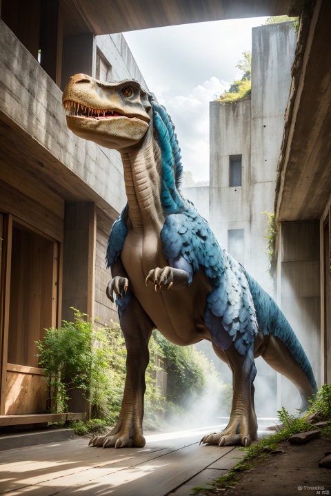 （Dinosaurs）, T. rex, Jurassic, huge body, eyes of vertical line pupils, blue-green feathers covering upper body and tail, sides, strong tail strike, attack state, sharp claws, , a sense of solitude, petals,Surrealistic imagery, dreamlike atmosphere, vibrant and contrasting colors, intricate and detailed elements,(Tyndall effect:1.2),((Best quality)),((Best quality)),((realistic)),((exterior view)),photo realistic,(masterpiece),orante,super detailed,intricate,photo like image quality, future, Indo, pz