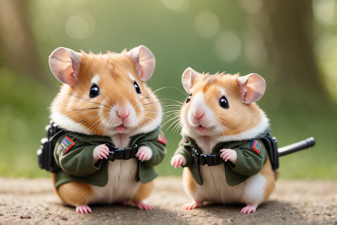  (Hamster) ,(anthropomorphic_hamster),(best quality,realistic),Hamster wearing battle suit,A hamster in military uniform,Take the weapon