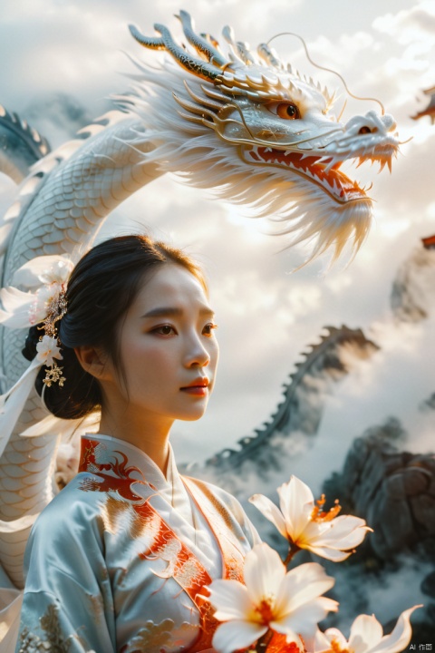  A woman in white looks into the distance,An oriental white dragon crawls behind her,Chinese dragon,flower,long hair,chinese clothes,black hair,hanfu,hair ornament,solo,looking ahead,white oriental dragon,white cloud,girl,volumetric lighting,anti-aliasing,color-graded,bokeh,1DOF,nikon D850,ultra realistic detailed,aesthetic,best quality,(photorealistic:1.2),dynamic angle,elegant,realistic skin detail,loong