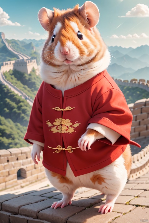 白色的 (anthropomorphic Hamster） ,a samoyed Hamster wearing sunglasses and a sweater in front of a clear blue sky surrounded by mountains, standing on the lookout of the Great Wall of China during Chinese New Year