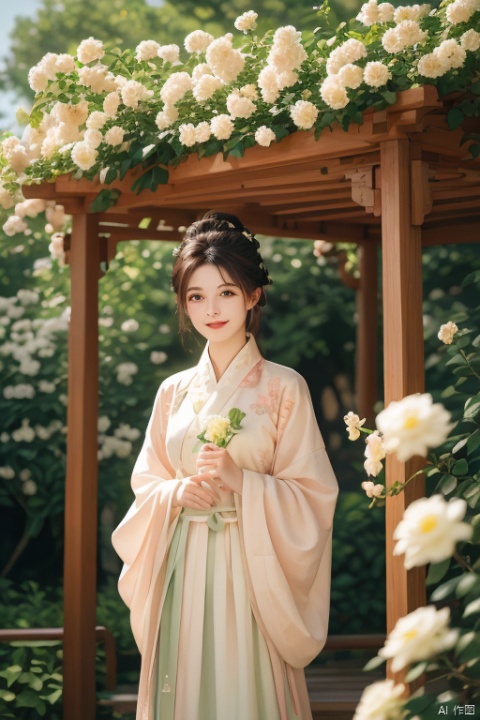 masterpiece,(Rosa banksiae:1.25),outdoor,a girl,vine,white flower,this picture shows an Asian woman in traditional Chinese clothing. she is standing under a flower stand covered with white flowers. her clothing is a light brown and beige robe embroidered with delicate patterns. her hair is combed into a traditional bun,she was decorated with pink flowers. She held a small flower and looked at the camera with a smile. In the background,there were green plants and light spots formed by the sun through the leaves. The whole scene gave people a sense of tranquility and harmony,