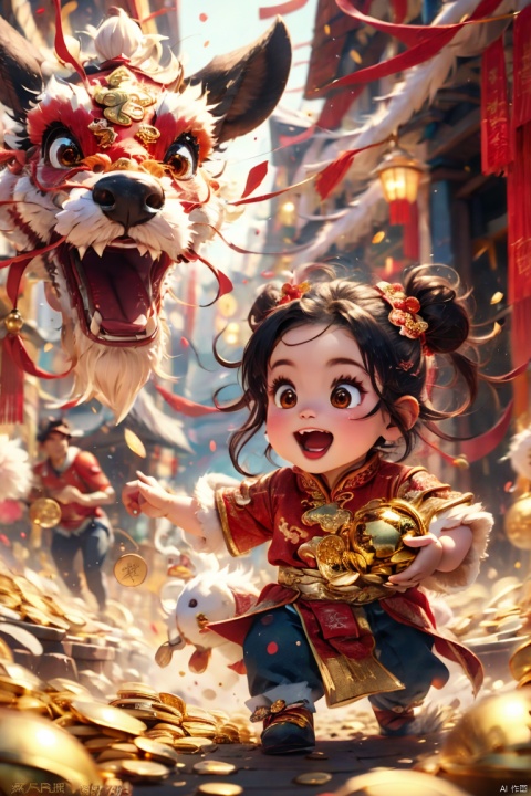  (best quality,4k,8k,highres,masterpiece:1.2), god of wealth, spring Festival elements, gold, gold, gold, red, baby, new year clothes, run to the audience, Blurred Background, Scattered, splashed riches, solo, ultra hd, (best quality), high detail, 8k, holding, running background, looking, run, HDR, 1girl, new year