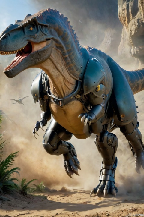 FF,Dinosaurs,T rex\(Jurassic,huge metal body,machine_rob,power_armor,science fiction,eyes of vertical line pupils,(The body and tail constructed from metal mechanical parts):1.3,sides,strong tail strike ground,attack state,sharp claws,Male Focus,looking at viewer,(flying dust):1.4,outdoor,
, Dinosaurs, 1girl, dinosaur, ZLJ