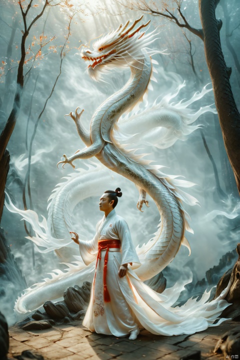 （ a huge Chinese dragon:1.2),loong,red scales,Natural Order Style,full-body shot side view of a man wearing hanfu summoning a glowing white spiritual transparent Chinese dragon entrenched around him,special effects,standing in the woods,highly detailed,ultra-high resolutions,32K UHD,best quality,masterpiece,