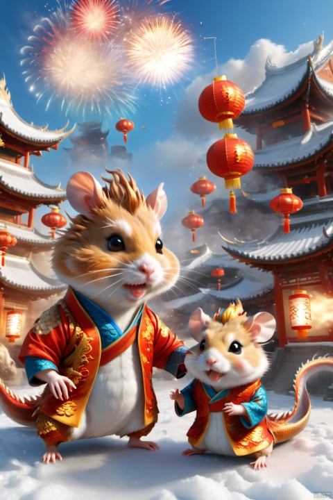 new year,(Hamster) and eastern dragon,full_body,fire,3d, cute,best quality,official art,8k wallpaper,highly detailed,rich detailed,xinnian\(guochao\),Spring Festival,modern city street,fireworks,sky,snow,Spring Festival, modern city streets, fireworks, sky, cars, dragon and lion dance,loong, Hamster