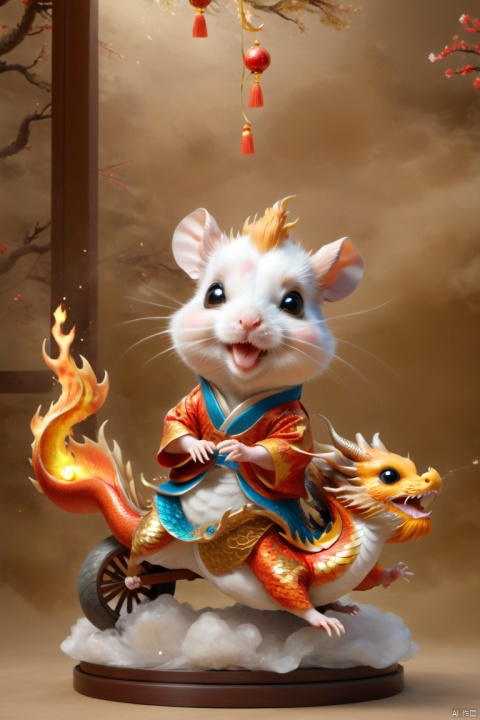new year,(Hamster) riding （eastern dragon）,full_body,fire,3d, cute,best quality,official art,8k ,loong, Hamster