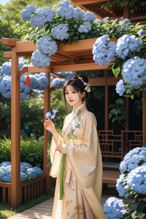 masterpiece,(Plumbago:1.25),outdoor,a girl,vine,white flower,this picture shows an Asian woman in traditional Chinese clothing. she is standing under a flower stand covered with white flowers. her clothing is a light brown and beige robe embroidered with delicate patterns. her hair is combed into a traditional bun,she was decorated with pink flowers. She held a small flower and looked at the camera with a smile. In the background,there were green plants and light spots formed by the sun through the leaves. The whole scene gave people a sense of tranquility and harmony,