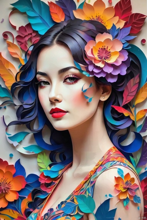  masterpiece,high quality,paper-cut art, offcial art, colorful, Colorful background, splash of color, A beautiful woman with delicate facial features, The chest is large, Flower arms, Colorful and colorful silks cover the body, The looming body, Sideways photo,(tattoos)), paper-cut art, MAJICMIX STYLE, Face Score, 1girl