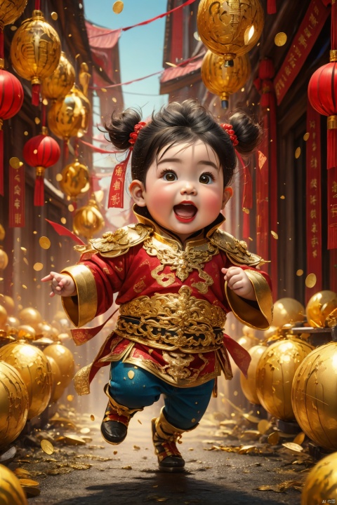 (best quality,4k,8k,highres,masterpiece:1.2), god of wealth, spring Festival elements, gold, gold, gold, red, baby, new year clothes, run to the audience, Blurred Background, Scattered, splashed riches, solo, ultra hd, (best quality), high detail, 8k, holding, running background, looking, run, dofas
