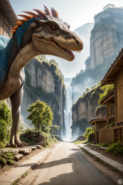 Dinosaurs, T. rex, Jurassic, huge body, eyes of vertical line pupils, blue-green feathers covering upper body and tail, sides, strong tail strike, attack state, sharp claws, , a sense of solitude, petals,Surrealistic imagery, dreamlike atmosphere, vibrant and contrasting colors, intricate and detailed elements,(Tyndall effect:1.2),((Best quality)),((Best quality)),((realistic)),((exterior view)),photo realistic,(masterpiece),orante,super detailed,intricate,photo like image quality, future, Indo, pz