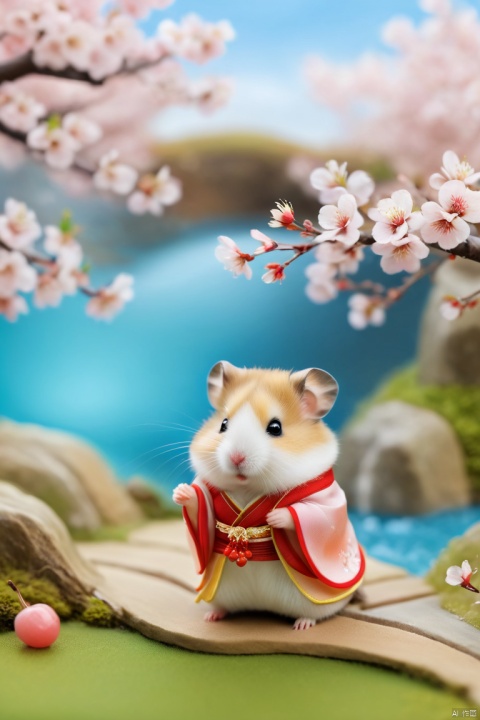 
Hamster, Hamster, （ the hamster in the luxurious Hanfu）, walks in a beautiful scenery, the cherry blossoms fall, the world is so beautiful, Micro landscape, chineseclothes, micro landscape