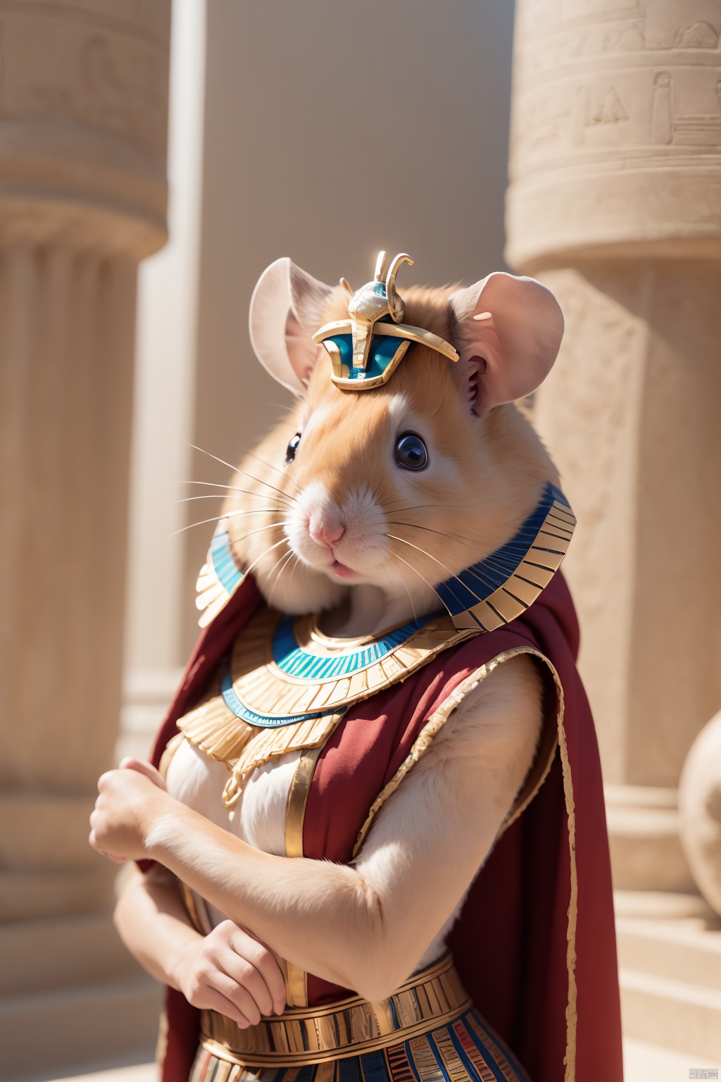 Anthropomorphic hamster, wearing Egyptian costumes, chocolate, masterpiece, 8k cg, 8K, HD, DSLR, flawless, professional artwork, cinematic lighting and bloom, intricate detail, delicate pattern, long length shot, shot on fujifilm XT4, ancient Egypt, roman columns, Egyptian scenes.