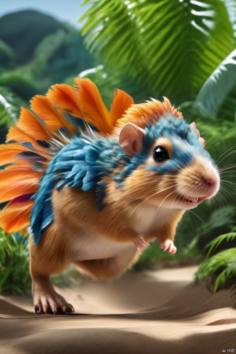  Hamster riding a （dinosaur）, tiny hamsters and giant dinosaurs,Tyrannosaurus rex, dinosaur, beautiful feathers, scary teeth, ((Best quality)), ((Best quality)),((Best quality)),((realistic)),((exterior view)),photo realistic,(masterpiece),orante,super detailed,intricate,photo like image quality, Hamster, ZLJ