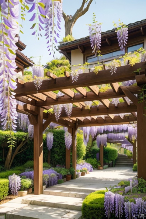 masterpiece,outdoor,vine,outdoors,flower rack,(Wisteria sinensis:1.15),landscape,