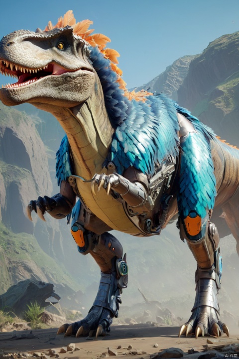 (best quality,4k,8k,highres,masterpiece:1.2), ultra-detailed, realistic:1.37, dinosaur, mech-organic fusion, feathers, metallic texture, sharp claws and teeth, vibrant colors, dynamic lighting..,ZLJ, mlonggwang