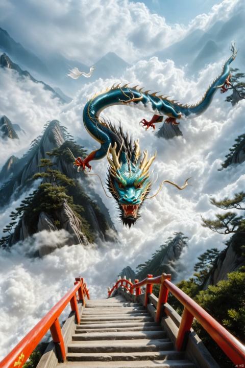 loong open mouth outdoors horns sky cloud no humans cloudy sky stairs mountain chinese text fog Dragon whiskers hide claws flying （from_above:1.05） Chinese dragon,