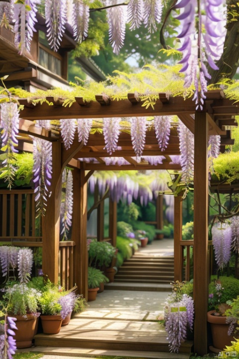 masterpiece,outdoor,vine,outdoors,flower rack,(Wisteria sinensis:1.15),landscape,