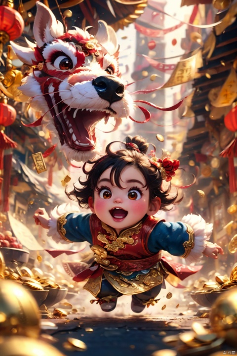  (best quality,4k,8k,highres,masterpiece:1.2), god of wealth, spring Festival elements, gold, gold, gold, red, baby, new year clothes, run to the audience, Blurred Background, Scattered, splashed riches, solo, ultra hd, (best quality), high detail, 8k, holding, running background, looking, run, HDR, 1girl, new year