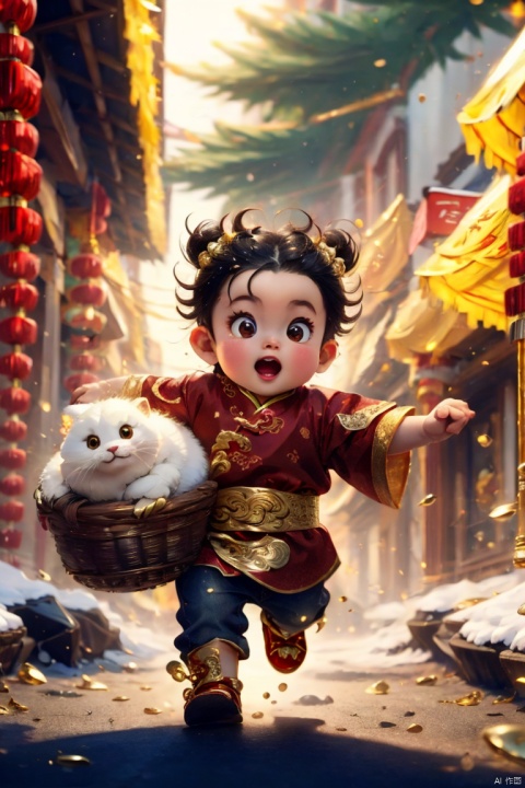  (best quality,4k,8k,highres,masterpiece:1.2), god of wealth, spring Festival elements, gold, gold, gold, red, baby, new year clothes, run to the audience, Blurred Background, Scattered, splashed riches, solo, ultra hd, (best quality), high detail, 8k, holding, running background, looking, run, HDR