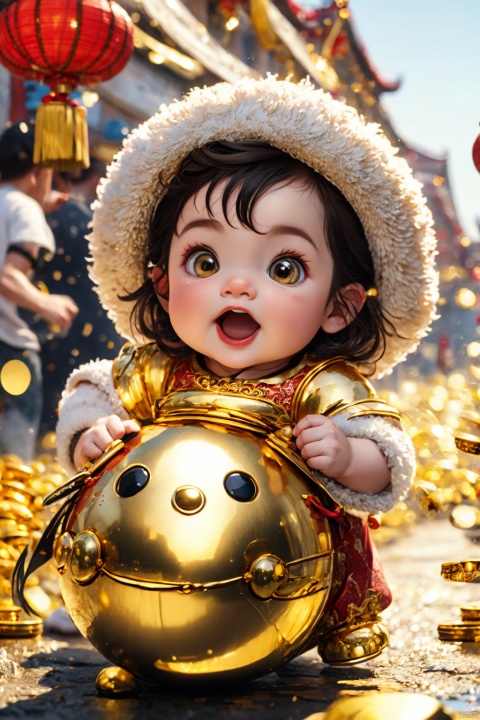  (best quality,4k,8k,highres,masterpiece:1.2), god of wealth, spring Festival elements, gold, gold, gold, red, baby, new year clothes, run to the audience, Blurred Background, Scattered, splashed riches, solo, ultra hd, (best quality), high detail, 8k, holding, running background, looking, run, dofas, hat