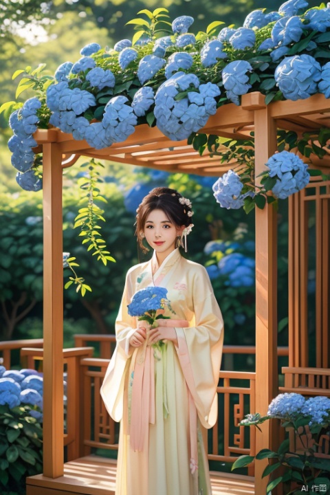 masterpiece,(Plumbago:1.25),outdoor,a girl,vine,white flower,this picture shows an Asian woman in traditional Chinese clothing. she is standing under a flower stand covered with white flowers. her clothing is a light brown and beige robe embroidered with delicate patterns. her hair is combed into a traditional bun,she was decorated with pink flowers. She held a small flower and looked at the camera with a smile. In the background,there were green plants and light spots formed by the sun through the leaves. The whole scene gave people a sense of tranquility and harmony,