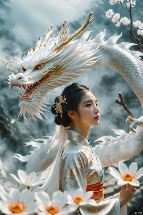  A woman in white looks into the distance,An oriental white dragon crawls behind her,Chinese dragon,flower,long hair,chinese clothes,black hair,hanfu,hair ornament,solo,looking ahead,white oriental dragon,white cloud,girl,volumetric lighting,anti-aliasing,color-graded,bokeh,1DOF,nikon D850,ultra realistic detailed,aesthetic,best quality,(photorealistic:1.2),dynamic angle,elegant,realistic skin detail,loong
