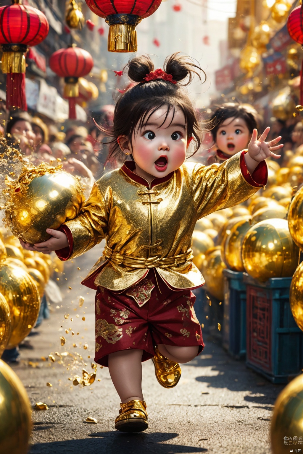 (best quality,4k,8k,highres,masterpiece:1.2), god of wealth, spring Festival elements, gold, gold, gold, red, baby, new year clothes, run to the audience, Blurred Background, Scattered, splashed riches, solo, ultra hd, (best quality), high detail, 8k, holding, running background, looking, run, dofas