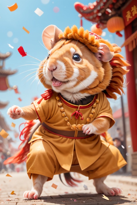  (anthropomorphic Hamster） ,Chinese lion dance,solo,confetti,colorful,outdoors,no humans,full body,blurry,day,wind,,festive atmosphere,, masterpiece, best quality,