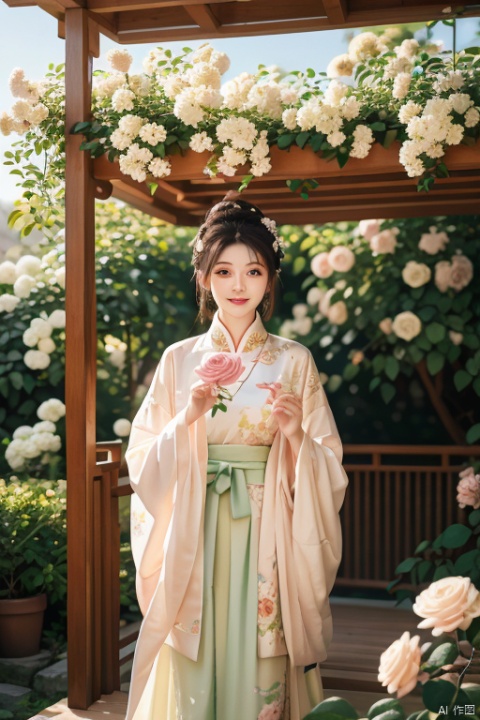 masterpiece,(Rosa banksiae:1.25),outdoor,a girl,vine,white flower,this picture shows an Asian woman in traditional Chinese clothing. she is standing under a flower stand covered with white flowers. her clothing is a light brown and beige robe embroidered with delicate patterns. her hair is combed into a traditional bun,she was decorated with pink flowers. She held a small flower and looked at the camera with a smile. In the background,there were green plants and light spots formed by the sun through the leaves. The whole scene gave people a sense of tranquility and harmony,