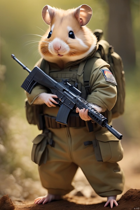  Anthropomorphic hamster,Masterpiece, best quality, ak, assault rifle, outdoors, holding an assault rifle, 32k, perfect composition