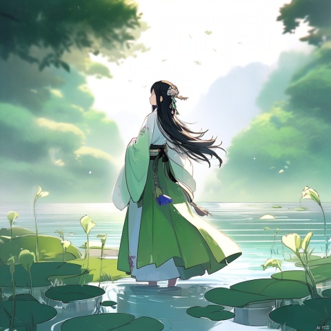1girl, solo, long hair, skirt, black hair, hair ornament, long sleeves, standing, flower, outdoors, japanese clothes, wide sleeves, blurry, profile, leaf, plant, hakama, scenery, wide shot, lily pad, hanfu