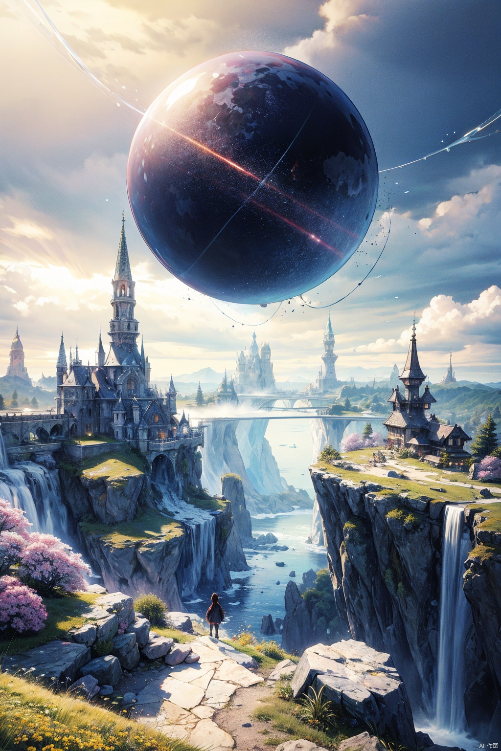  In the world of bizarre dimensions, I stumbled upon an incredible multi-dimensional landscape, as if a fusion of fantasy and reality. Floating islands suspended in transparent air, mountain ranges hung like paintings in the sky, and all defied the laws of physics in unimaginable ways.These islands and mountains seemed unbound by gravity, as if a mysterious force held them aloft. Suspended bridges and towers connected these extraordinary locations, forming a complex web.The islands displayed diverse scenery: some adorned with vibrant flowers and plants emitting alluring fragrances, while others appeared to be made of gemstones, crystals, and fantastical materials, reflecting dazzling light like a colorful treasure trove.Standing upon these floating islands, I sensed the unique energy of the otherworldly realm swirling around me, connecting various layers of time and space. It was an incredible sight, evoking the sensation of otherworldly beauty and wonder beyond the ordinary, etching itself as a cherished memory within my dream.