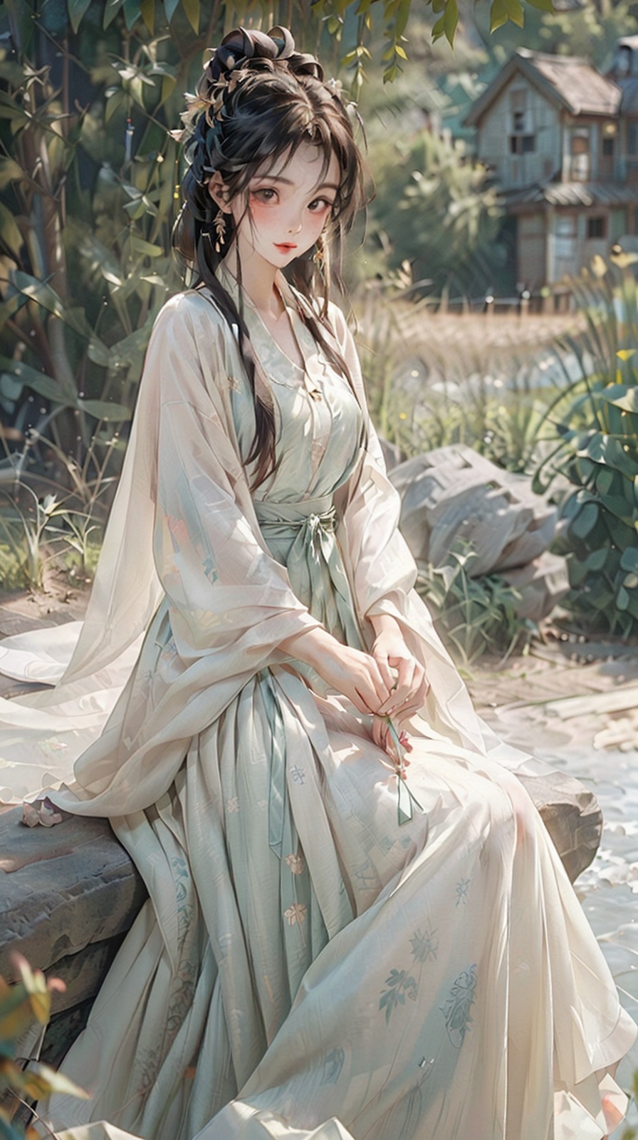  (8k, original image, best quality, masterpiece: 1.2), (A girl is watching the scenery deeply emotional),(Beautiful facial features, extremely beautiful face),(Hanfu long skirt:1.2),(Fisheye view), ((full body)), han style,1 girl, nsfw,Eyebrows like willow leaves, The face is as beautiful as a flower, the eyes are tender