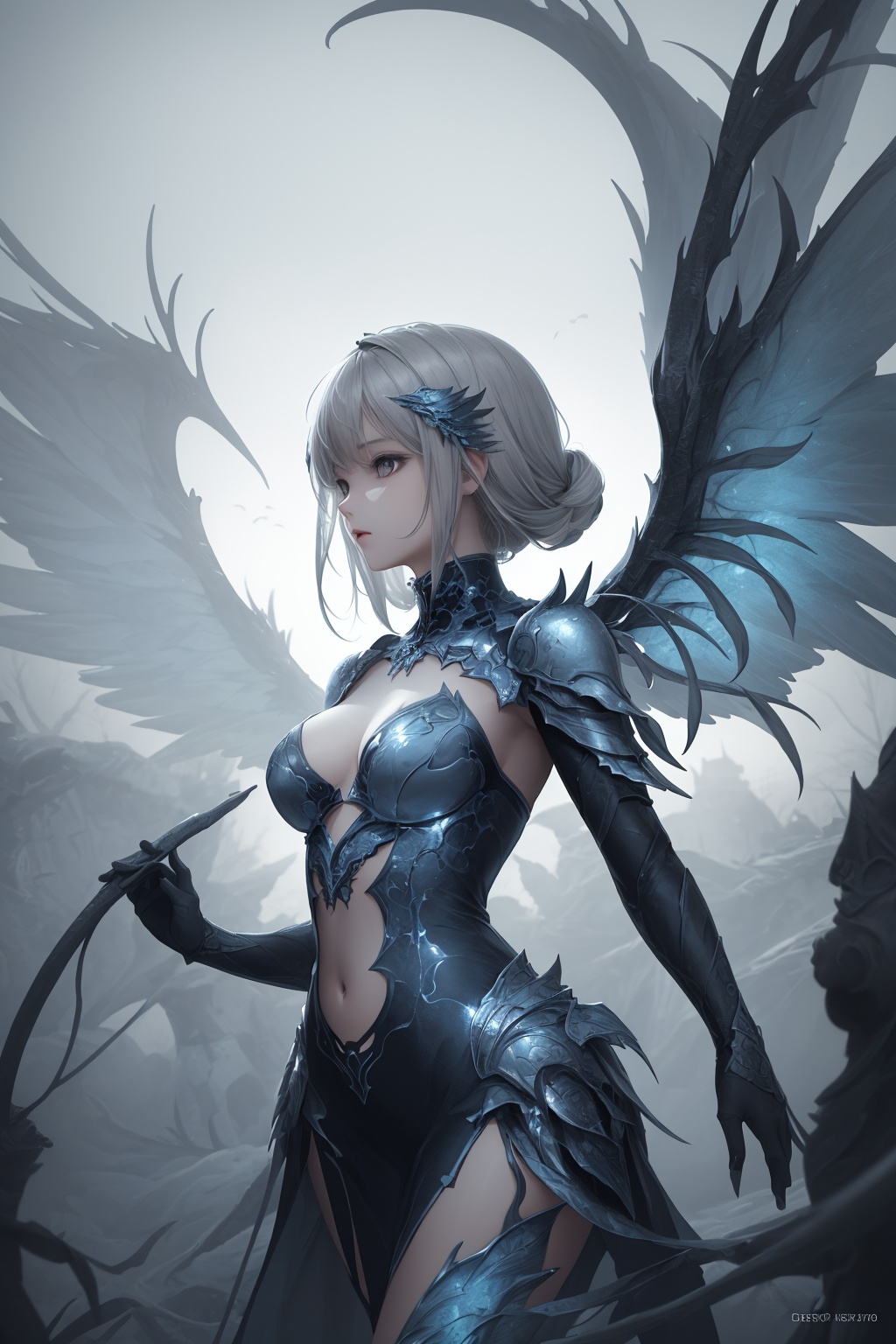  ,(((masterpiece,best quality))),((good structure,Good composition,good atomy)), ((clear, original,beautiful)),1girl,grey blue theme,fantasy,wings,outdoors,keke,Fractal