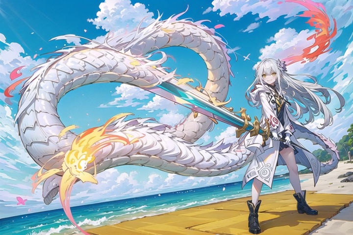  1girl, fire, (((dragon))), smile, flower, coat, ((weapon)), sword, outdoors, beach, holding, flame, solo, bangs, yellow eyes, long hair, hair flower, hair ornament, white hair, looking at viewer, open clothes, long sleeves, white coat, open coat , long, Blademancer
