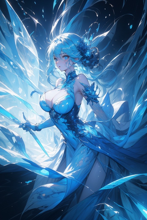  ,(((masterpiece,best quality))),((good structure,Good composition,good atomy)), ((clear, original,beautiful)),as,fantasy,(white blue theme:1.3),1girl,outdoors,dress,girl,monstergirl,(ice theme:1.3),solo,