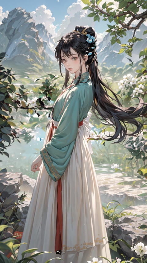  (8k, original image, best quality, masterpiece: 1.2),aerial garden, (A girl lazily stood on a rock watching the scenery),(Beautiful facial features, extremely beautiful face),(Hanfu long skirt:1.2),White Hanfu,The ancient tea trees on both sides of her are covered in white flowers,(Fisheye view), whole body, solo, atmospheric lighting, Ancient Chinese Architecture,The foreground is a Chinese style circular arch,Far away is a mountain hidden in the clouds,White flowers, wind,cloud, atmospheric lighting,physics based rendering, viewers,DUNHUANG_CLOTHS,han style,1 girl